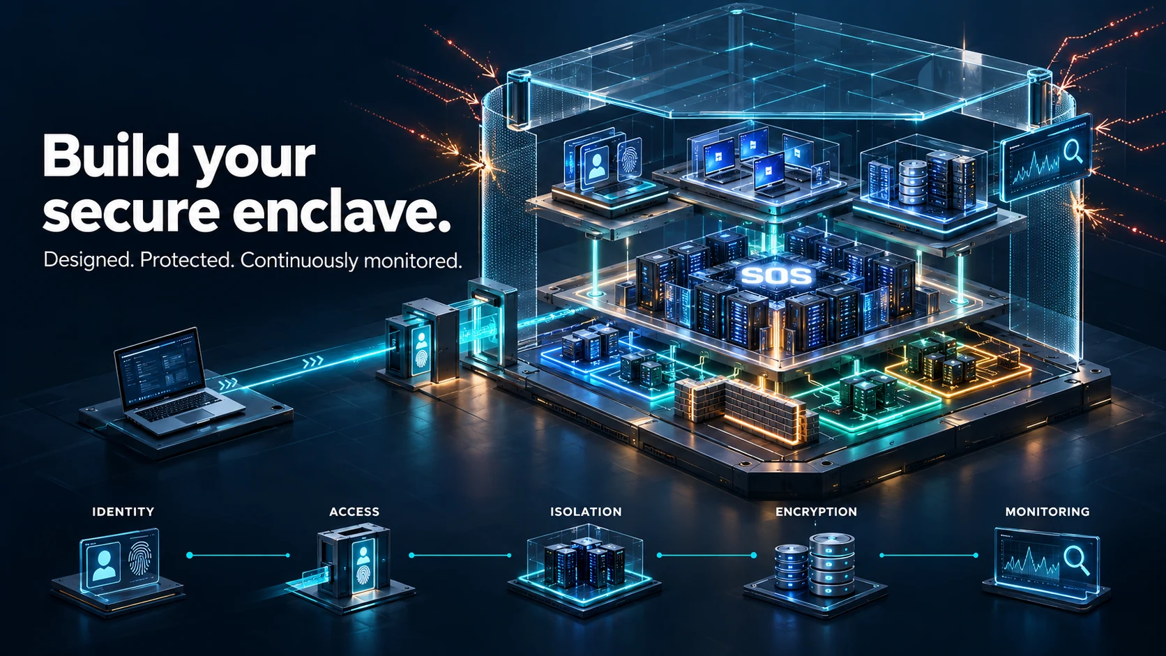 Build your secure enclave. SOS brings identity, access, isolation, encryption and monitoring together around protected workloads.